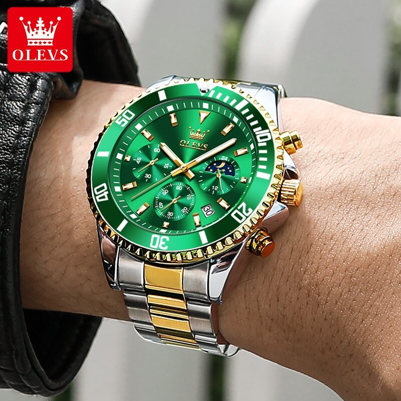 ساعة أوليفس كوارتز بقرص أخضر للرجال ، فولاذ مقاوم للصدأ ، علامة تجارية مشهورة ، فاخرة ، رياضة ، مقاومة للماء ، كلاسيكي ، كرونوغراف مضيء ، موضة