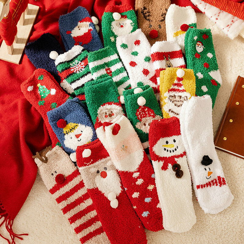 1 Pair Coral Fleece Winter Autumn Woman Girls Thicken Warm Socks Christmas Tree Snowflake Elk Santa Claus Christmas Floor Sock