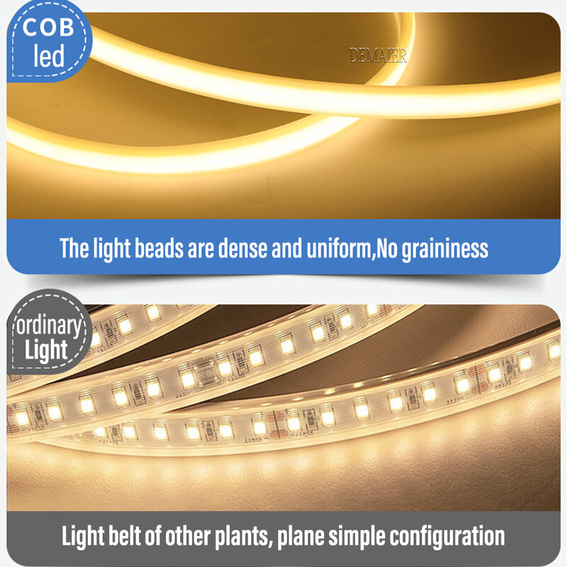 شريط COB LED 220 فولت التبديل/عكس الضوء الطاقة الاتحاد الأوروبي التوصيل 360 المصابيح/م 3000k 6000k RA90 في الهواء الطلق حديقة فوب LED الشريط غرفة نوم المطبخ الإضاءة