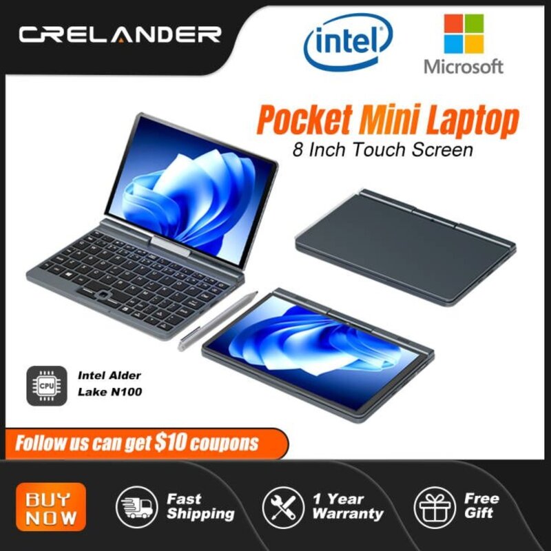 CRELANDER-P8 كمبيوتر محمول صغير ، شاشة 8 بوصة تعمل باللمس ، إنتل ليك N100 ، 12GB DDR5 ، واي فاي 6 ، 2 في 1 ، كمبيوتر محمول ، كمبيوتر لوحي ، جيب