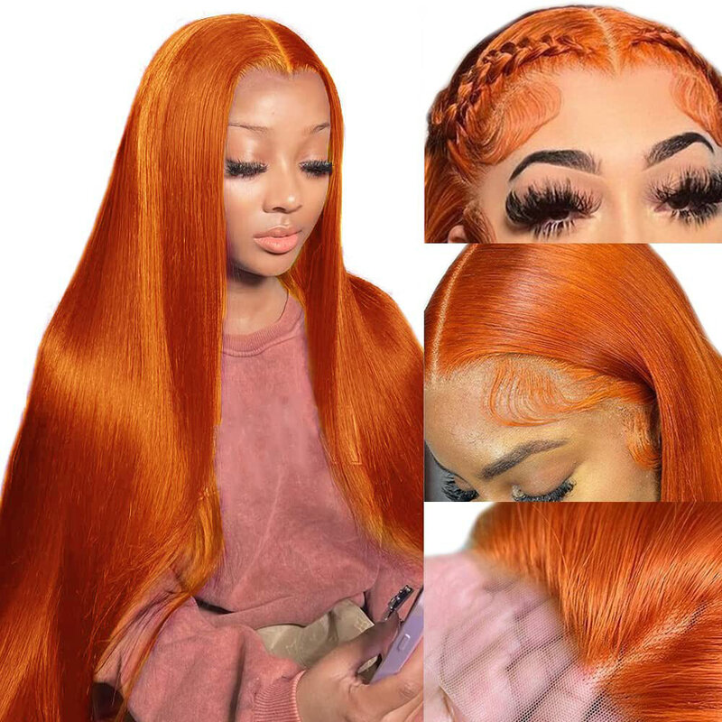شعر مستعار من Cexxy-Ginger برتقالي مستقيم من الدانتيل الأمامي ، شعر مستعار ملون ، بدون غراء ، منتوف مسبقًا ، جاهز للذهاب ، 13 × 4 ، 30 بوصة ، 34 بوصة