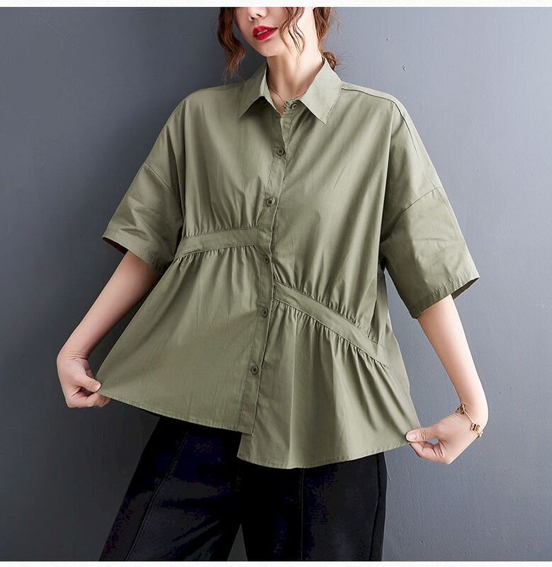 100% قمصان القطن النساء غير النظامية تقسم قصيرة الأكمام قميص الأدبية المتضخم بلوزة الصيف الاتجاه تصميم فضفاض قميص غير رسمي