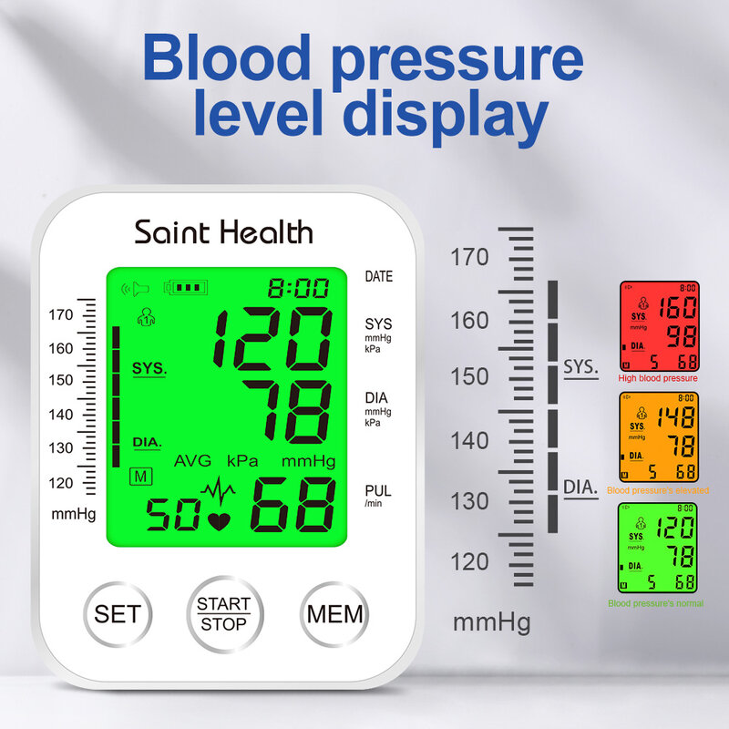 جهاز قياس ضغط الدم الأوتوماتيكي من Saint Health مزود بذراع صوت روسي محمول مقياس ضغط الدم BP مقياس ضغط الدم مقياس نبض القلب