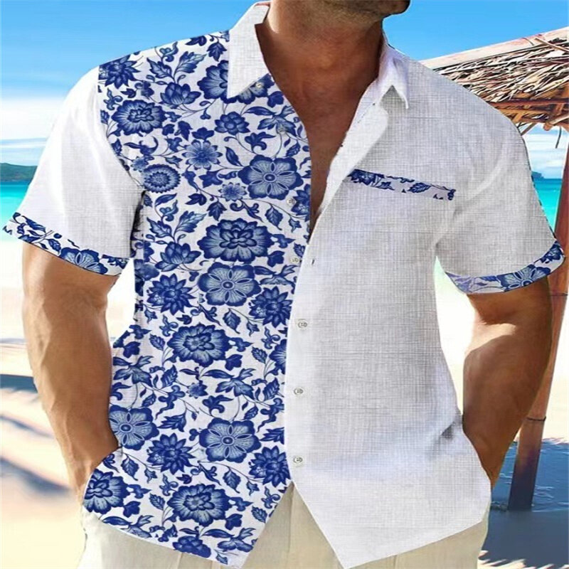 قميص هاواي العتيق بأزرار لأعلى للرجال ، أكمام قصيرة ، كتلة ملونة ، طية صدر قبلية ، ملابس جيدة التهوية ، الصيف