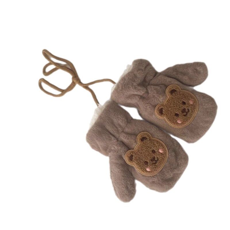 قفازات قطيفة على شكل دب كرتوني للأطفال من 2 إلى 6T قفازات شتوية دافئة أنيقة لتدفئة اليد مع حبل رقبة قابل للتعديل