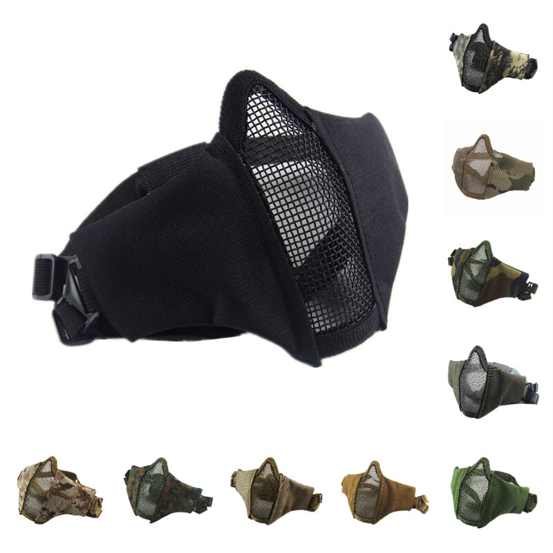 zlangsports Tactical Half Face Airsoft Mask Foldable Metal Mesh Double Ribbon Adjustable CS Wargame Protective Masks