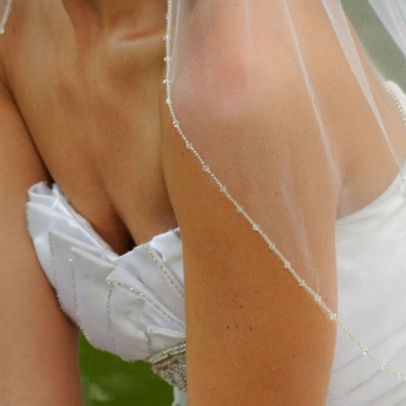 طول الإصبع أبيض عاجي الشمبانيا الحجاب الزفاف طبقة واحدة قطع حافة مطرز الحجاب الزفاف مع مشط تول