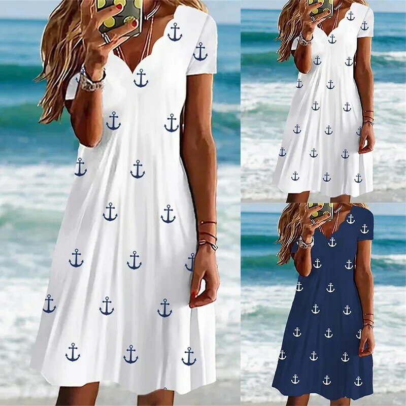 فساتين نسائية صيف جديد طباعة ضئيلة قصيرة الأكمام موجة طوق فستان موضة فساتين الشاطئ نمط عادي الإناث