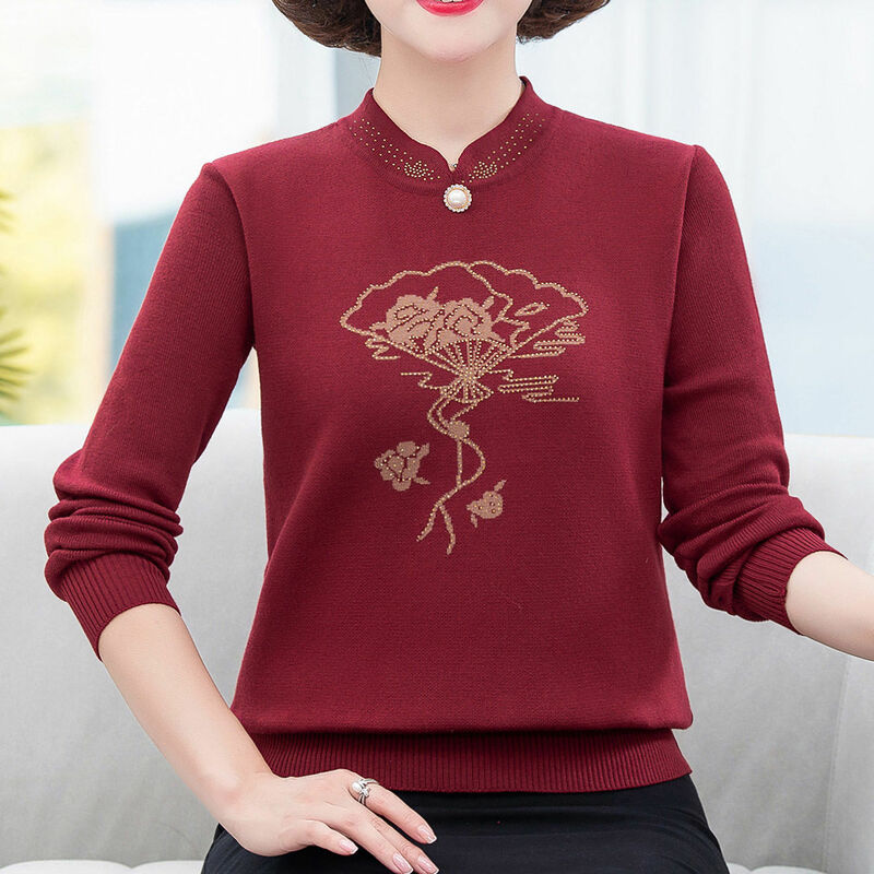 Fan Flower Pattern Printing Round Neck Vintage Knitting Plush Thicken Straight Diamond Inlay Single Pearl Pullovers Ladies Solid
