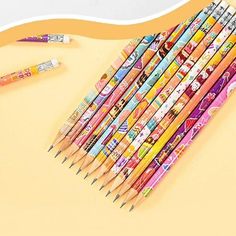 أقلام الرصاص نمط الرسوم المتحركة لطيف للأطفال ، أقلام المعلم ، متعة ، عيد ميلاد احتفالي ، أقلام رصاص خشبية مع محايات علوية ، 24 قطعة
