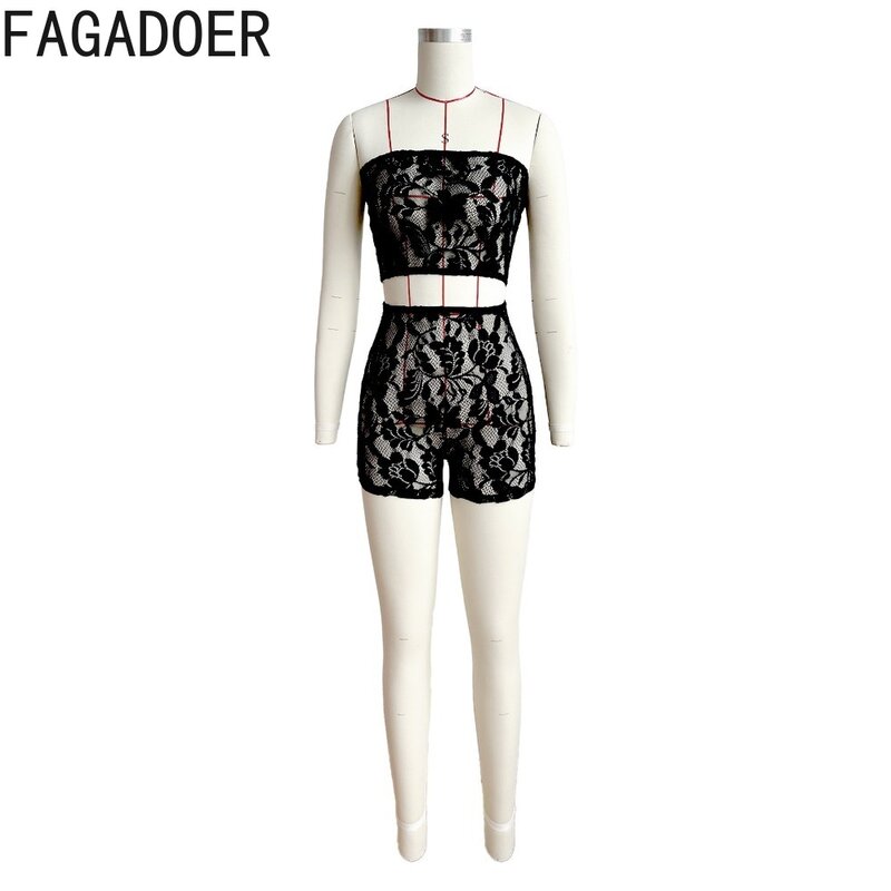 FAGADOER-أزياء مثيرة من الدانتيل للنساء ، مكشوفة الكتفين ، بدون أكمام ، أنبوب بدون أكمام ، شورت ، ملابس الشارع العصرية ، مجموعتان