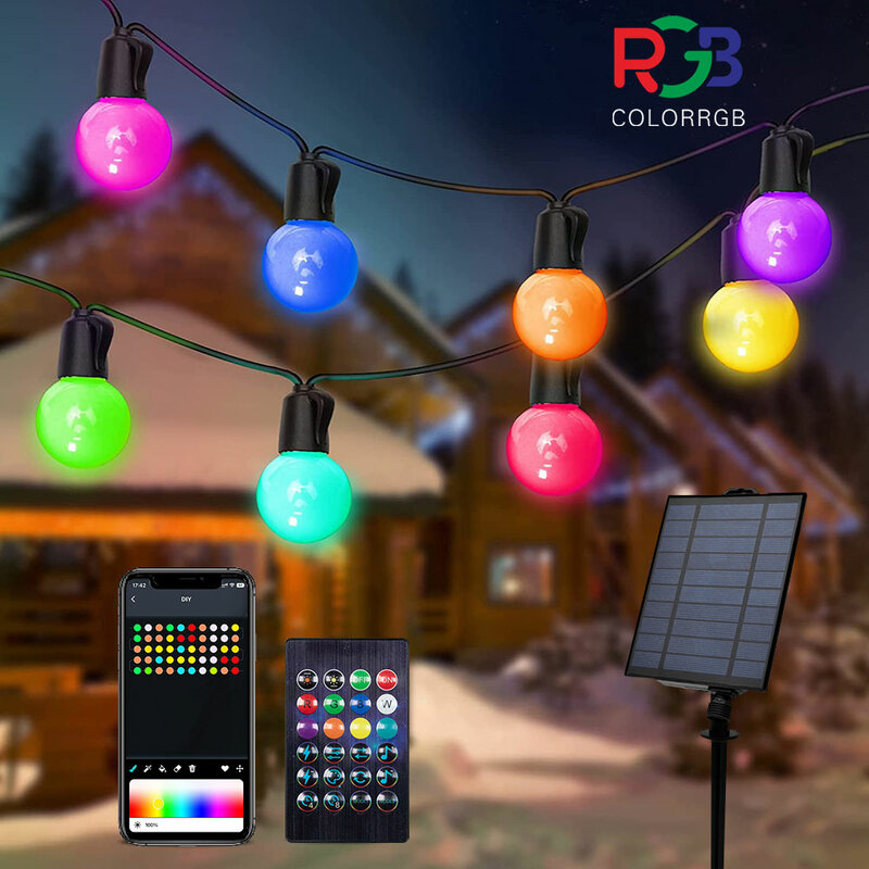 أضواء سلسلة الذكية في الهواء الطلق الشمسية ، APP التحكم عن بعد ، أضواء سلسلة تغيير اللون مع RGB G40 Led سلسلة أضواء في الهواء الطلق IP65