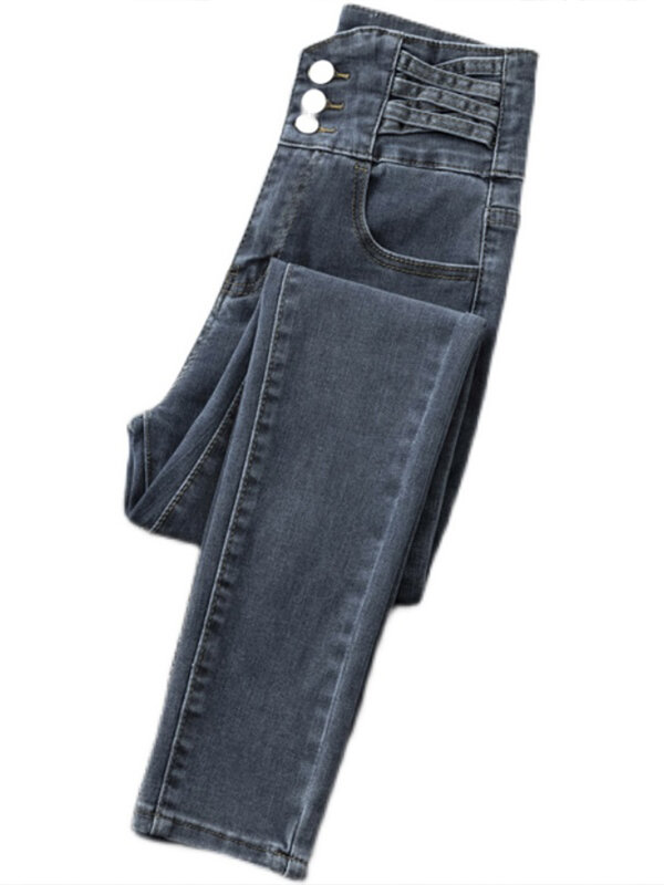 جينز نسائي موضة صيف 2020 سروال ضيق ضيق عالي الخصر طويل ورقيق ومتعدد الاستخدامات أزرق فاتح