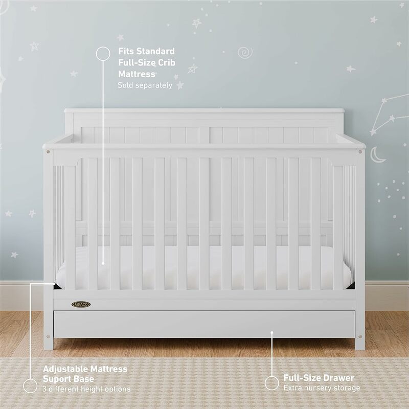 سرير قابل للتحويل مع درج ، جراكو هادلي ، 5 في 1 ، أبيض ، مرتبة ، طقم Onversion ، درابزين طفل صغير يباع بشكل منفصل