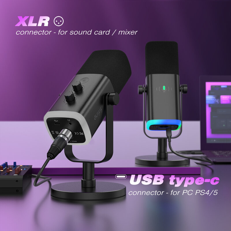 FIFINE-USB وميكروفون ديناميكي XLR مع زر كتم الصوت باللمس ، مقبس سماعة الرأس ، أدوات تحكم I/O للكمبيوتر ، PS5 ، خلاط PS4 ، ميكروفون الألعاب ، مكبر للصوت AM8