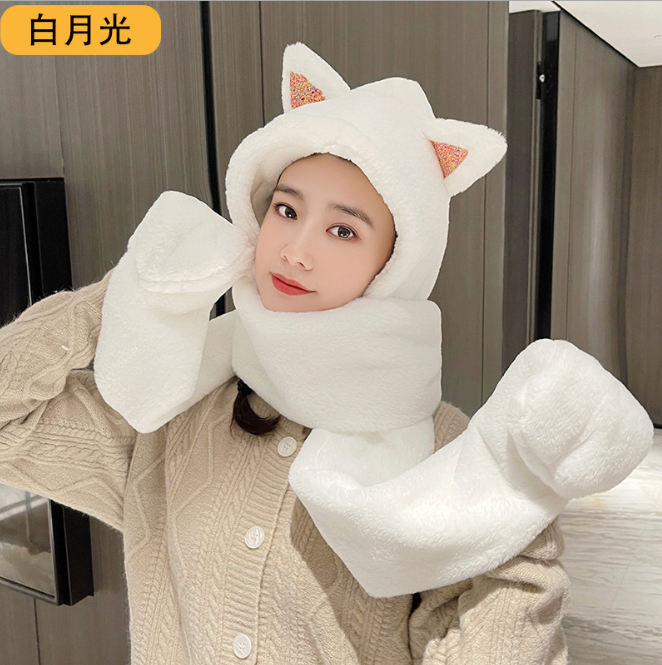 Hat Female Autumn Winter Scarf Hat Gloves One Three Piece Fox Ear Warm Ear Protection Cold Hat Girl Outdoor Pink