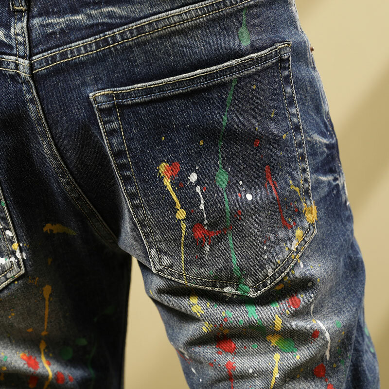 بنطلون جينز للرجال بتصميم عتيق مرن باللون الأزرق بتصميم عتيق وممزق من قماش الدنيم بتصميم هيب هوب