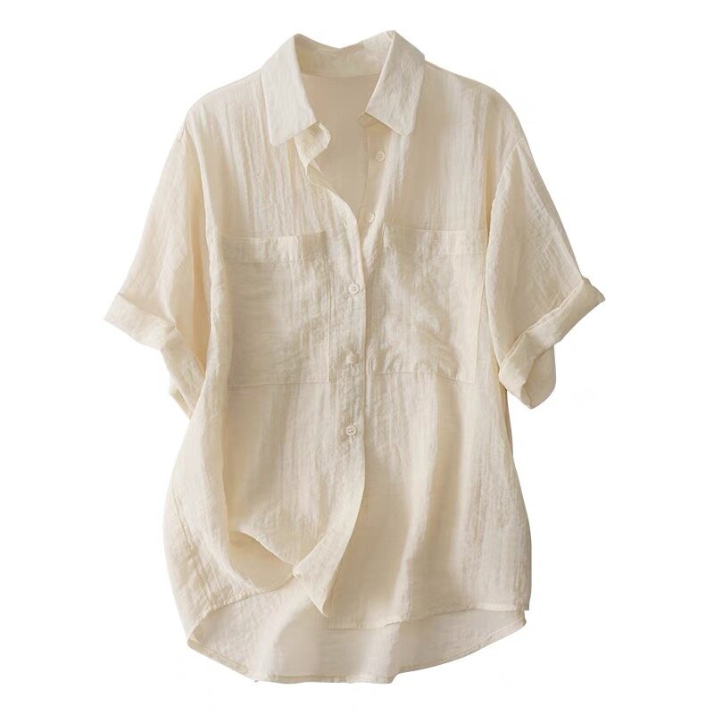 بلوزة نسائية بأكمام قصيرة برقبة واحدة من الصدر ، ملابس علوية أساسية للإناث ، قميص فضفاض غير رسمي كلاسيكي سادة ، الصيف ، X1080 ،