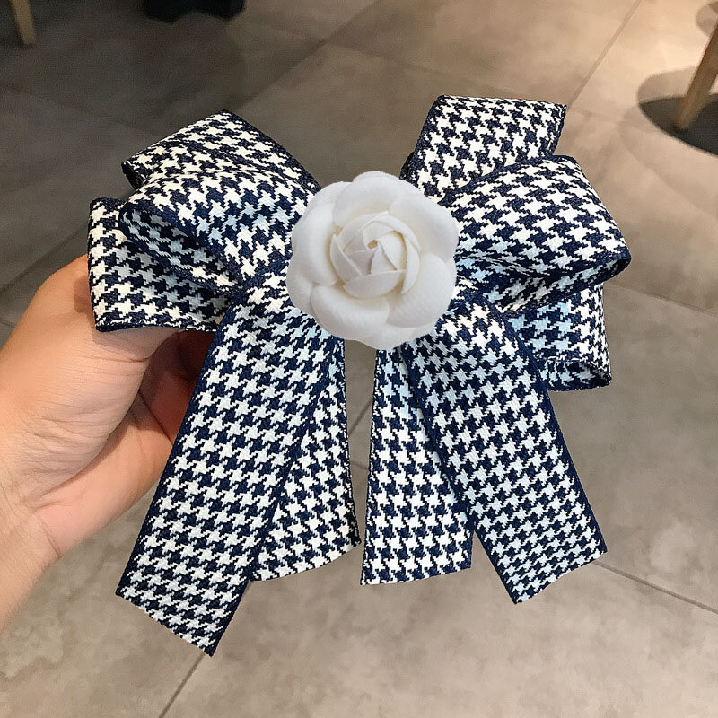 New Women's Retro Bow Tie Ribbon Houndstooth Korean Camellia Formal Dress Uniform College Style Shirt Collar Flower Womens Gifts