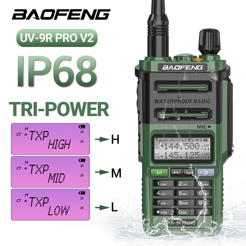 جهاز اتصال لاسلكي مقاوم للماء Baofeng UV 9R Pro ، راديو ثنائي النطاق Ham CB ، راديو ثنائي الاتجاه ، شاحن ثلاثي الطاقة من النوع C ، V2 ، IP68