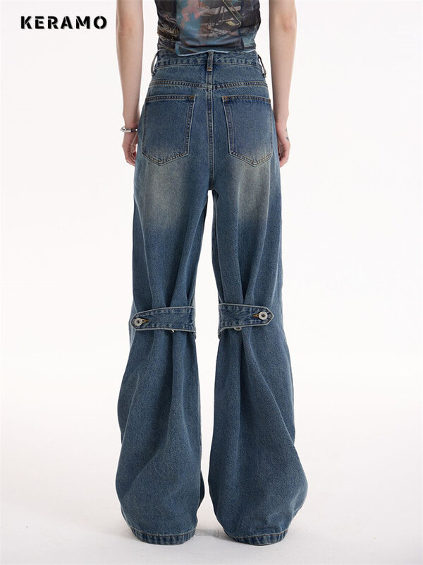 جينز نسائي بخصر مرتفع بتصميم شريحة واسعة الساق ، كلاسيكي اومري ، نمط بين النساء ، سراويل غير رسمية ، سراويل جينز نسائية مستقيمة