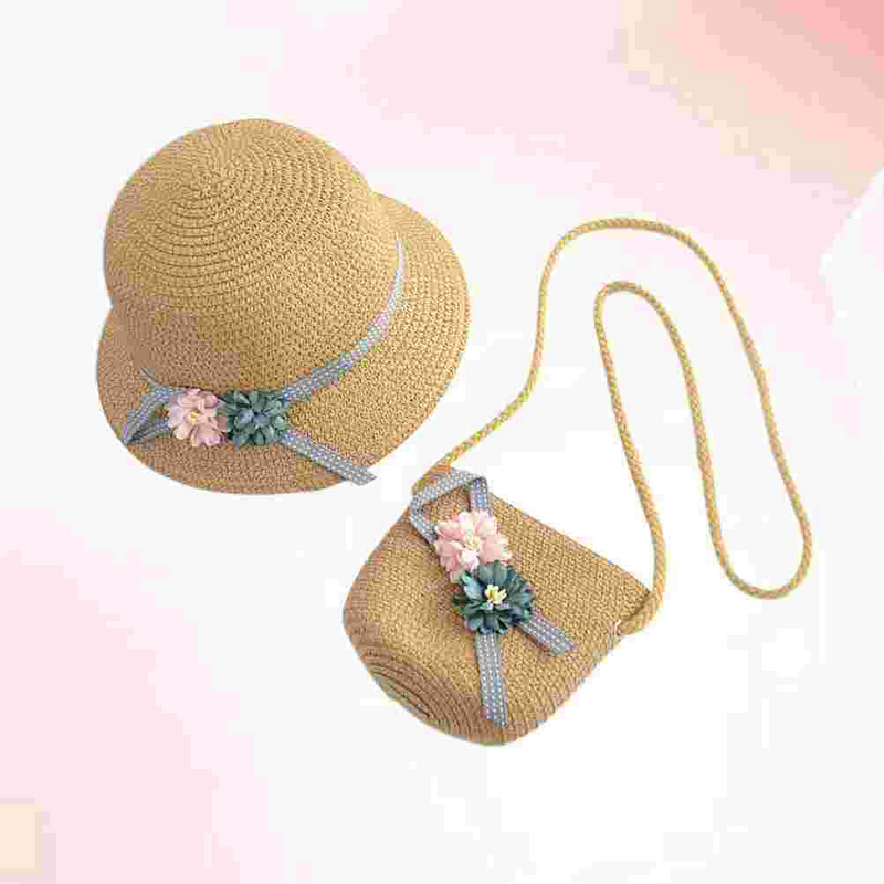 قبعة من القش رائعتين وحقيبة كروس بودي للفتيات الصغيرات ، طقم شاطئ ، أطفال ، وردي ، مجموعة واحدة