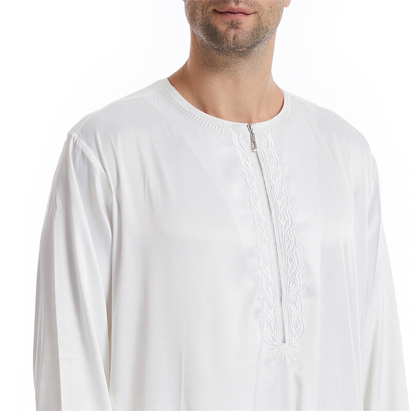 رداء أبيض إسلامي للرجال ، كم طويل ، سحاب أمامي ، ثوب جبة طويل ، عيّد رمضان ، ملابس إسلامية ، فستان صلاة عباية ، أزياء عباية