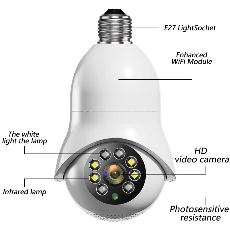 E27 LED لمبة كاميرا مراقبة في الهواء الطلق داخلي 2.4/5G واي فاي كامل اللون للرؤية الليلية التلقائي الإنسان تتبع IP مراقبة الأمن
