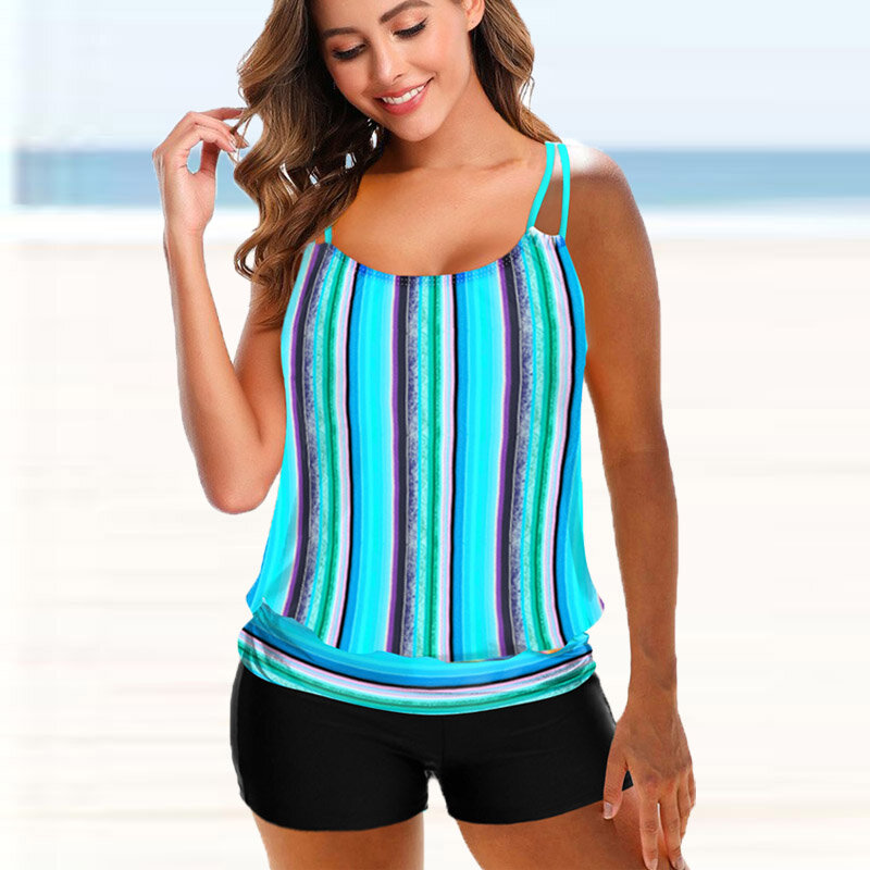 Summer Women Tankini Sexy Monokini Beachwear Stripe Print Swimming Trunks High Waist Two Piece Fashion Swimsuit Loose Swimwear