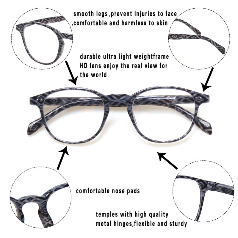 نظارات قراءة مطبوعة على الموضة ، إطارات فاتحة مضادة للأزرق ، عدسات عالية الدقة ، وصفة طبية خفيفة الوزن ، انكسار ، + ~ age