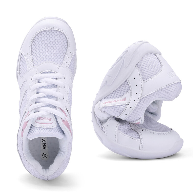 BAXINIER الفتيات الأبيض التشجيع الأحذية شبكة تنفس التدريب الرقص أحذية تنس خفيفة الوزن الشباب يهتف المنافسة أحذية رياضية