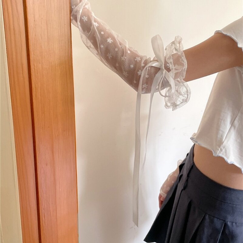 قفازات دانتيل شبكية للنساء غطاء للذراع وأكمام مزخرفة على طراز لوليتا إكسسوار للفتيات