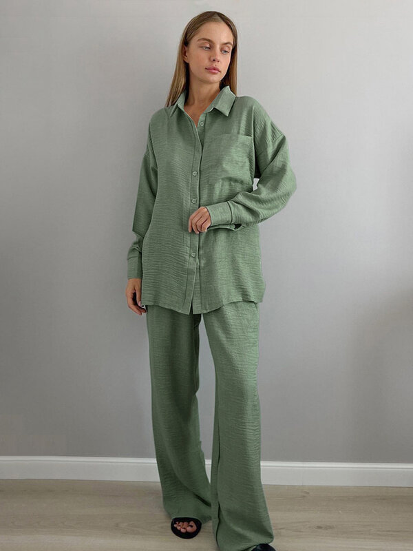 Marthaqiqi-بدلة بيجاما خضراء غير رسمية للنساء ، طقم ملابس نوم أنثوية ، فساتين نوم طويلة الأكمام ، ملابس نوم بياقة مقلوبة ، بنطلون واسع الساق