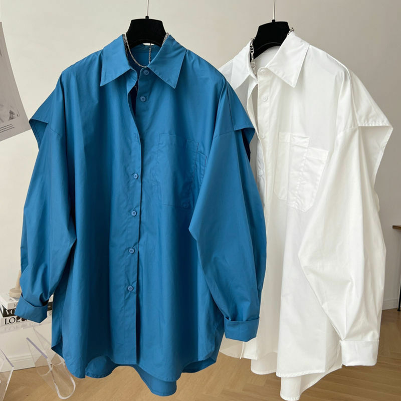 QWEEK شيك امرأة البلوزات Harajuku أنيقة والشباب الأبيض الأزرق القمصان المتضخم وهمية قطعتين طويلة الأكمام قميص غير رسمي
