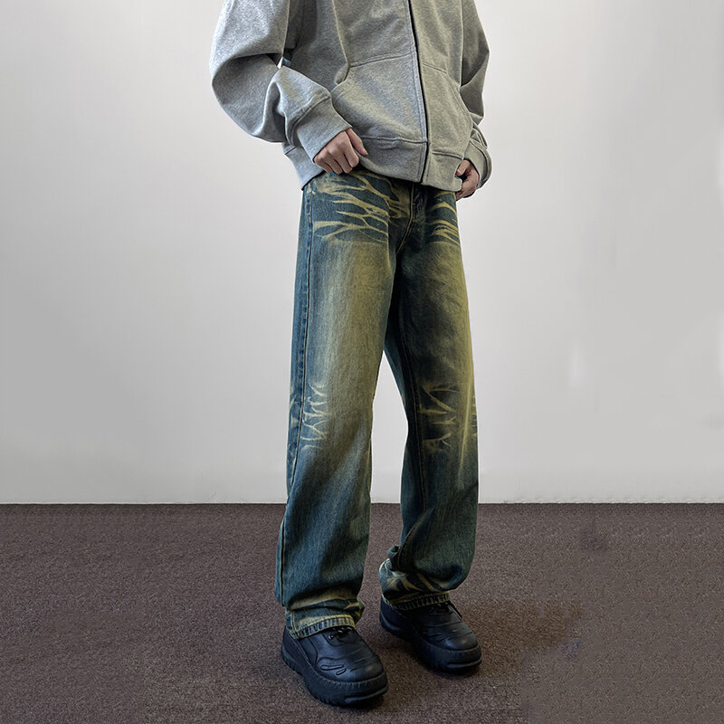 FEWQ-بنطال جينز واسع الساق للرجال ، جينز رجالي عصري ، ملابس صيفية ، ألوان متباينة ، بنطال شارع مرتفع ، جديد ، 24X9037