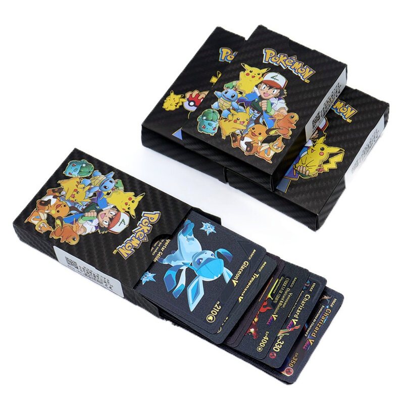 11-55 قطعة بوكيمون معدن الذهب علبة كرتون سيلفي الذهبي الإسبانية الأسود بطاقات للعب ميتاليكاس Charizard Vmax Gx سلسلة لعبة رسالة