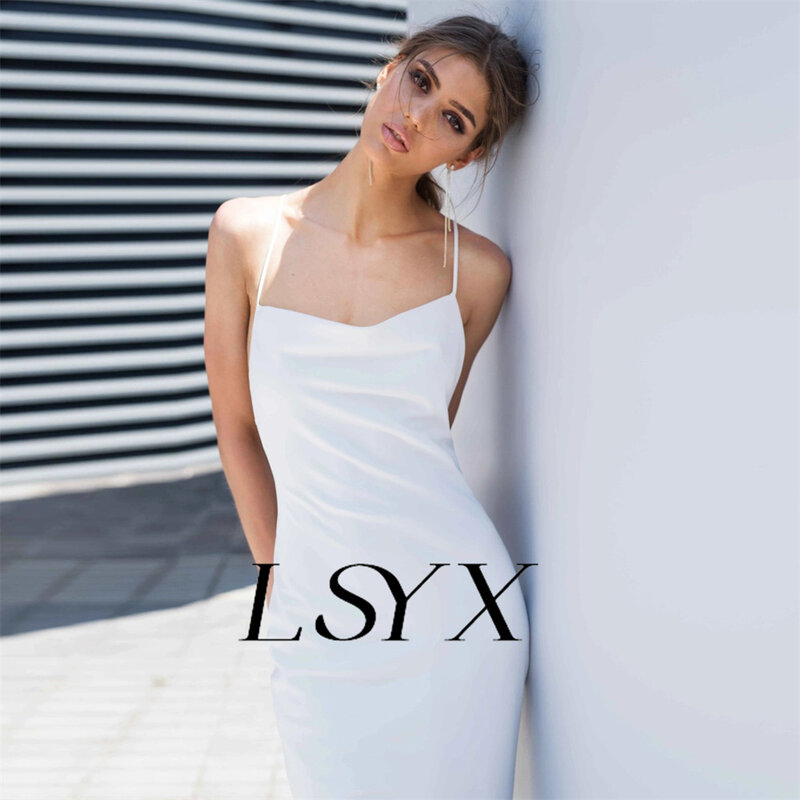 فستان زفاف LSYX مثير بدون أكمام على شكل حرف v كريب أبيض حورية البحر للنساء بسيط بأربطة من الخلف طول الأرض فستان الزفاف مصنوع حسب الطلب