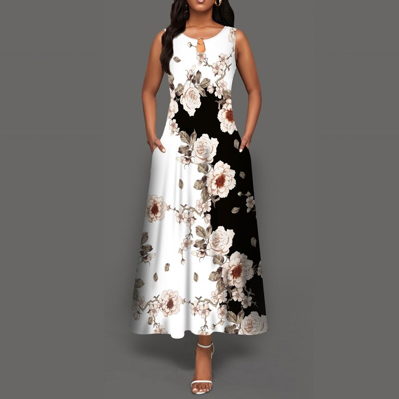 زهرة طباعة جديدة عادية أكمام فستان طويل المرأة الخامس الرقبة فستان مطبوع سوينغ فساتين البوهيمي الرجعية