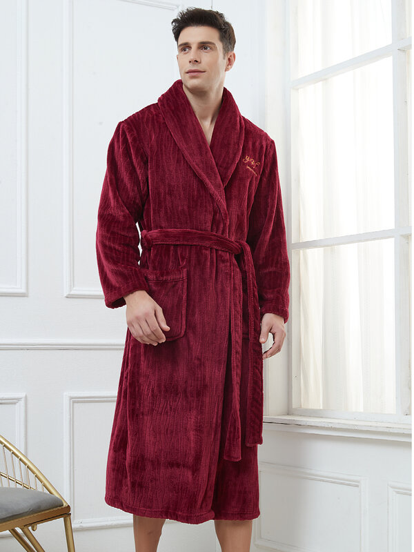 الرجال المتضخم طويل كيمونو Bathrobe ، الدافئة الفانيلا ثوب ، فضفاضة المتسكعون ، الشتاء سميكة المرجان الصوف ملابس خاصة ، دش رداء