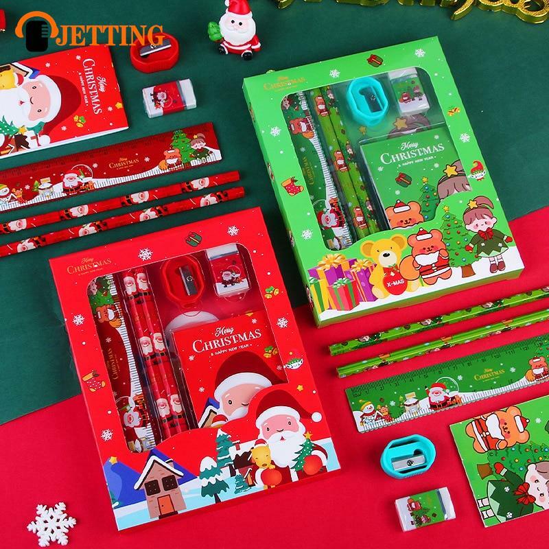 مجموعة أدوات القرطاسية عيد الميلاد للأطفال ، حاكم ، قلم رصاص ، ممحاة ، مبراة قلم رصاص ، لوحة مذكرة ، هدايا للطلاب ، 6 قطعة لكل مجموعة