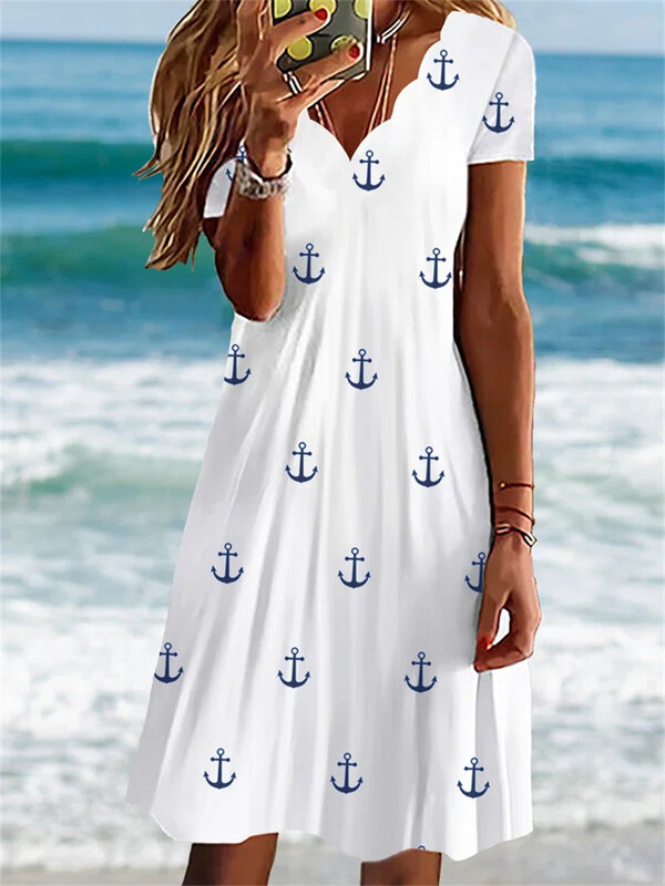 فساتين نسائية صيف جديد طباعة ضئيلة قصيرة الأكمام موجة طوق فستان موضة فساتين الشاطئ نمط عادي الإناث #3