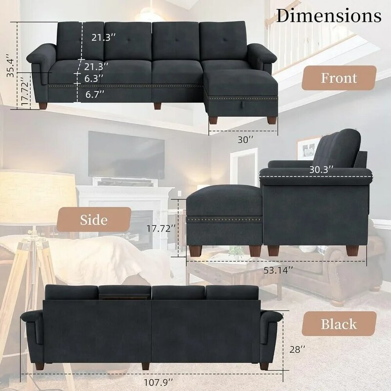 أريكة على شكل حرف L قابلة للانعكاس مع مساحة تخزين ، مجموعة أثاث غرفة المعيشة مع حامل أكواب ، أريكة جانبية قابلة للتحويل