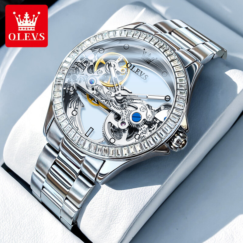 ساعة يد OLEVS-ساعة يد نسائية مجوفة بالكامل ، ميكانيكية أوتوماتيكية ، مضيئة ، مقاومة للماء ، علامة تجارية مشهورة ، موضة