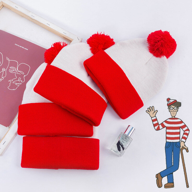 أين والي والدو الأحمر الأبيض محبوك قبعة تأثيري هالوين هدية الكريسماس الشتاء الدافئة سميكة قبعة النساء والرجال عيد الحب القبعات