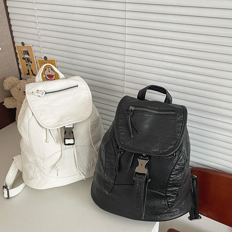 حقيبة ظهر من الجلد العتيق الأبيض الخالص من Xiuya للنساء ، ناعمة المغسول ، طراز الكلية الأمريكية ، سعة كبيرة ، حقيبة سفر جديدة