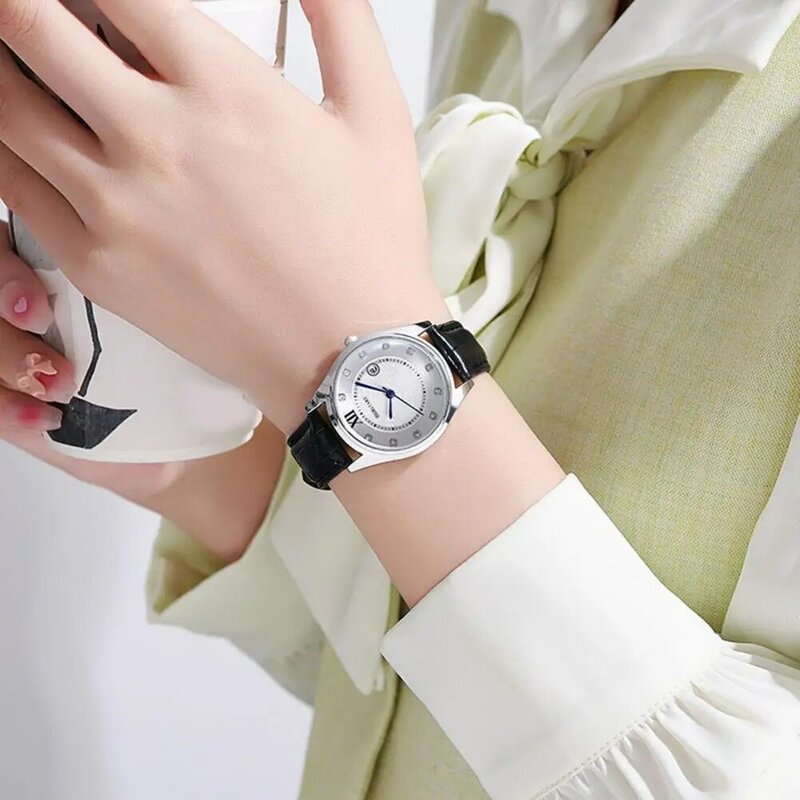 ساعة كوارتز أنيقة لديكور حجر الراين للسيدات ، ساعة طالب ، حزام جلد صناعي قابل للتعديل ، تقويم ، دقة عالية للتعارف