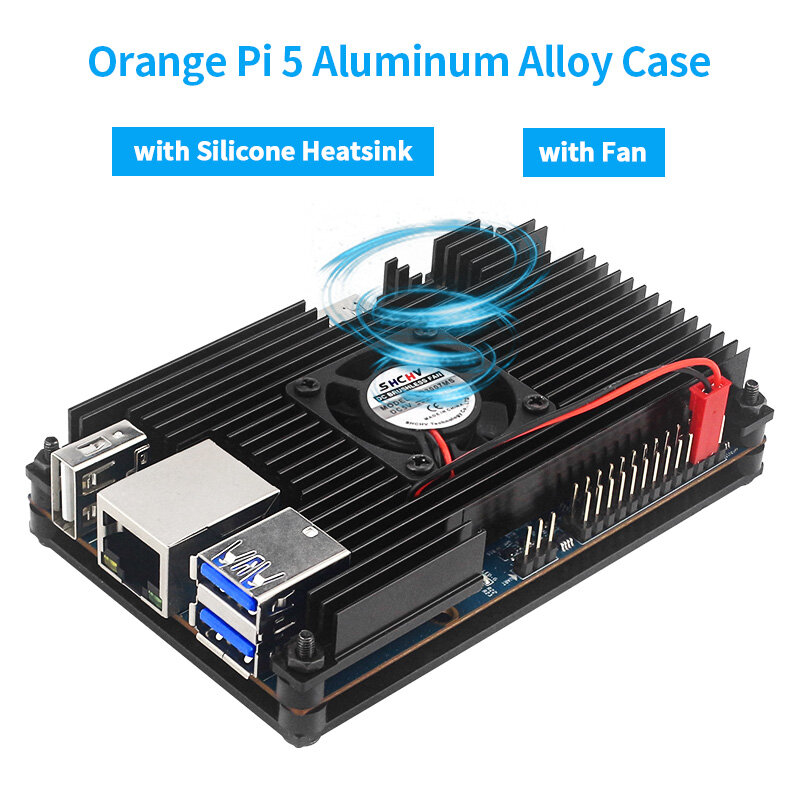 Orange Pi 5 علبة من سبائك الألومنيوم الضميمة المعدنية النشطة والسلبية مع مروحة التبريد اختياري امدادات الطاقة USB واي فاي ومحول BT