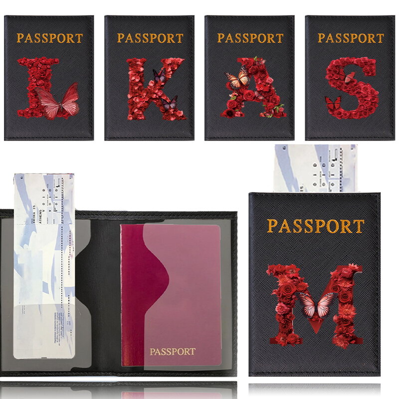 جراب غلاف لجواز السفر من الجلد الصناعي ، حامل بطاقات ، محفظة عصرية ، رسالة ورد أحمر ، نمط اسم ، خفيف الوزن للطيران ، بين النساء