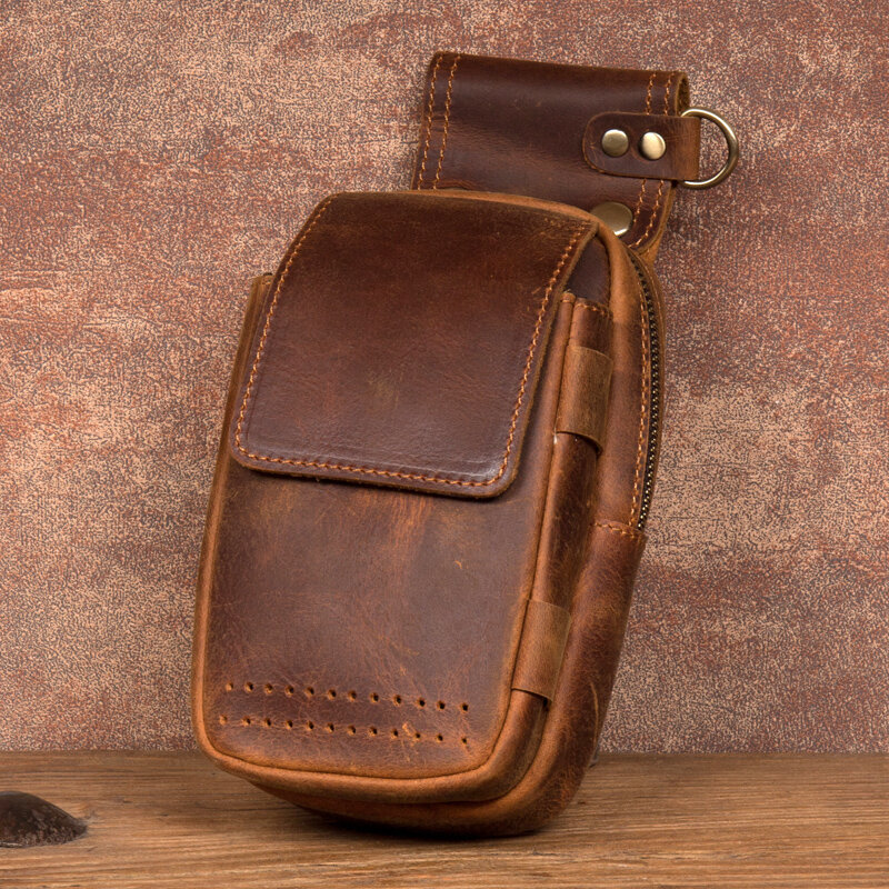 حقيبة هاتف محمول من الجلد بتصميم كلاسيكي صغير للرجال ، طبقة باوتو ، جيوب صغيرة ، حقيبة ساق