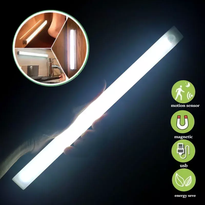 LED ليلة مصباح مطبخ لاسلكي تحت خزانة ضوء USB قابلة للشحن PIR استشعار الحركة خزانة خزانة مصباح الألومنيوم ضوء الليل